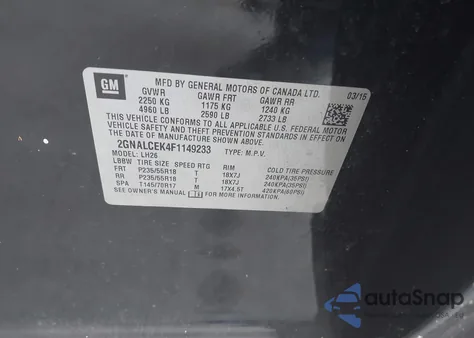 2015 Chevrolet Equinox 2Lt z USA, uszkodzony, nr VIN 2GNALCEK4F1149233